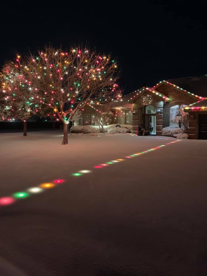 holiday themed lighting for a home. it features red, green, white, and yellow lights along the walkway and in the trees and the roof of the home